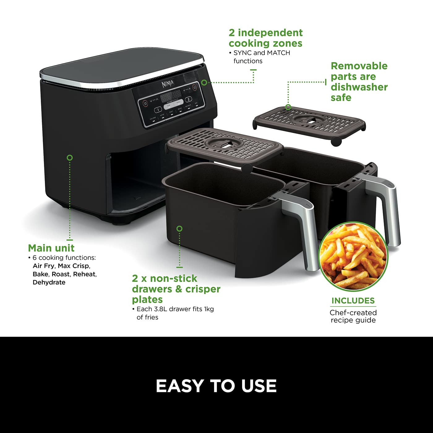 Dual Zone Digital Air Fryer, 2 Drawers, 7.6L, 6-in-1
