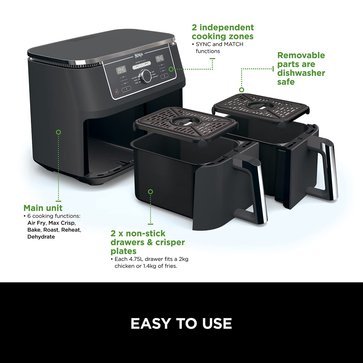 MAX Dual Zone Digital Air Fryer, 2 Drawers, 9.5L, 6-in-1
