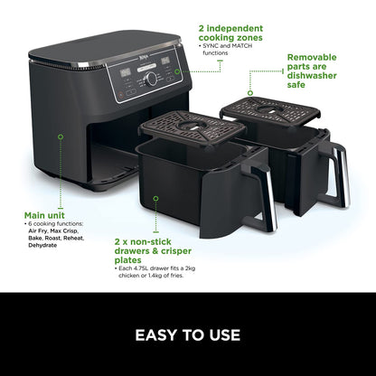 MAX Dual Zone Digital Air Fryer, 2 Drawers, 9.5L, 6-in-1