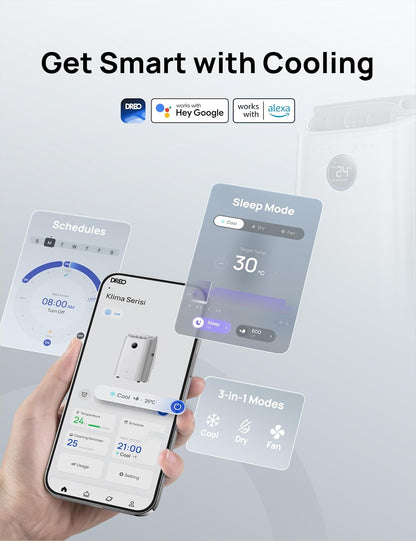 12,000 BTU Smart 3-in-1 Portable Air Conditioner — Drainage-Free, App & Voice Control, 24hr Timer, Cooling, Fan & Dehumidifier